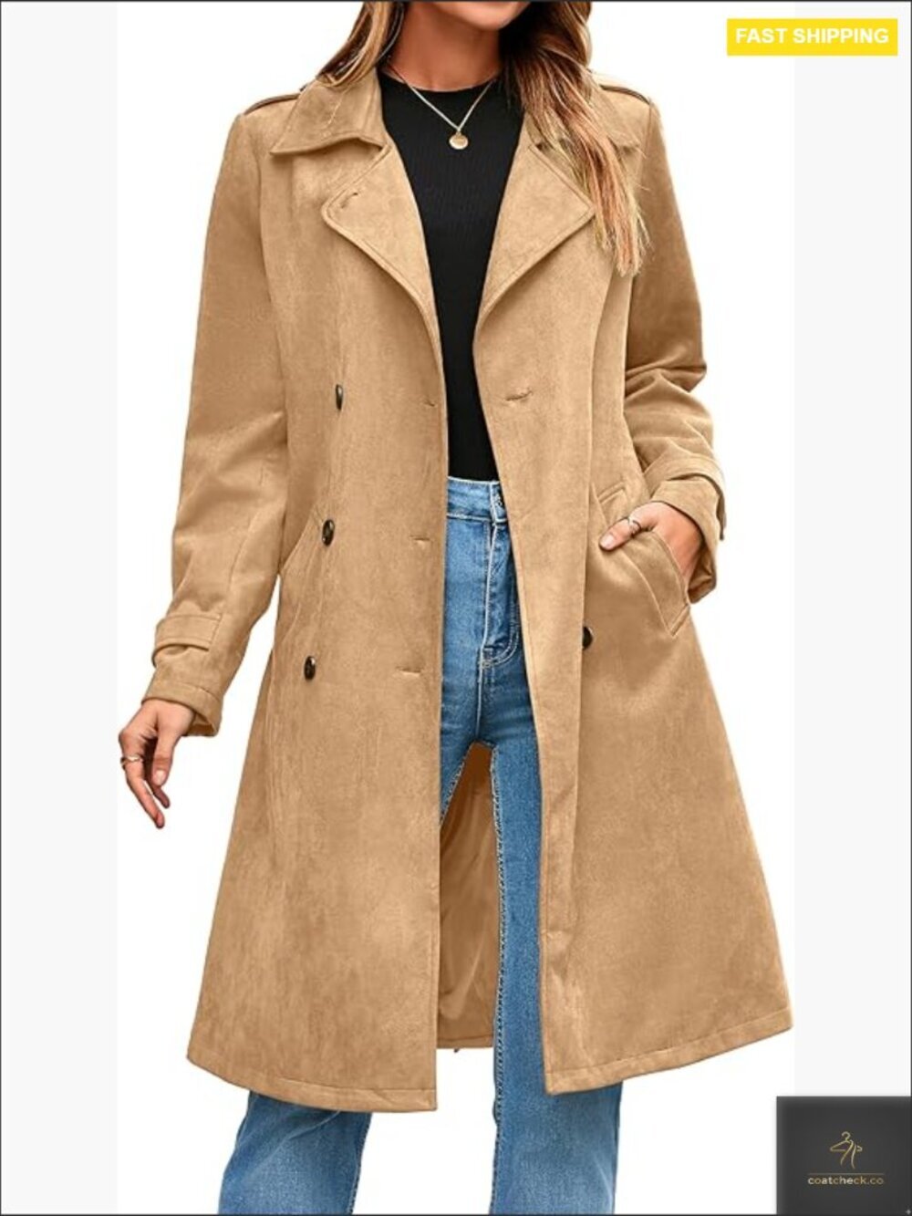 Faux Suede Trench Coat Classic Double Breasted Oversized Chic Work Office